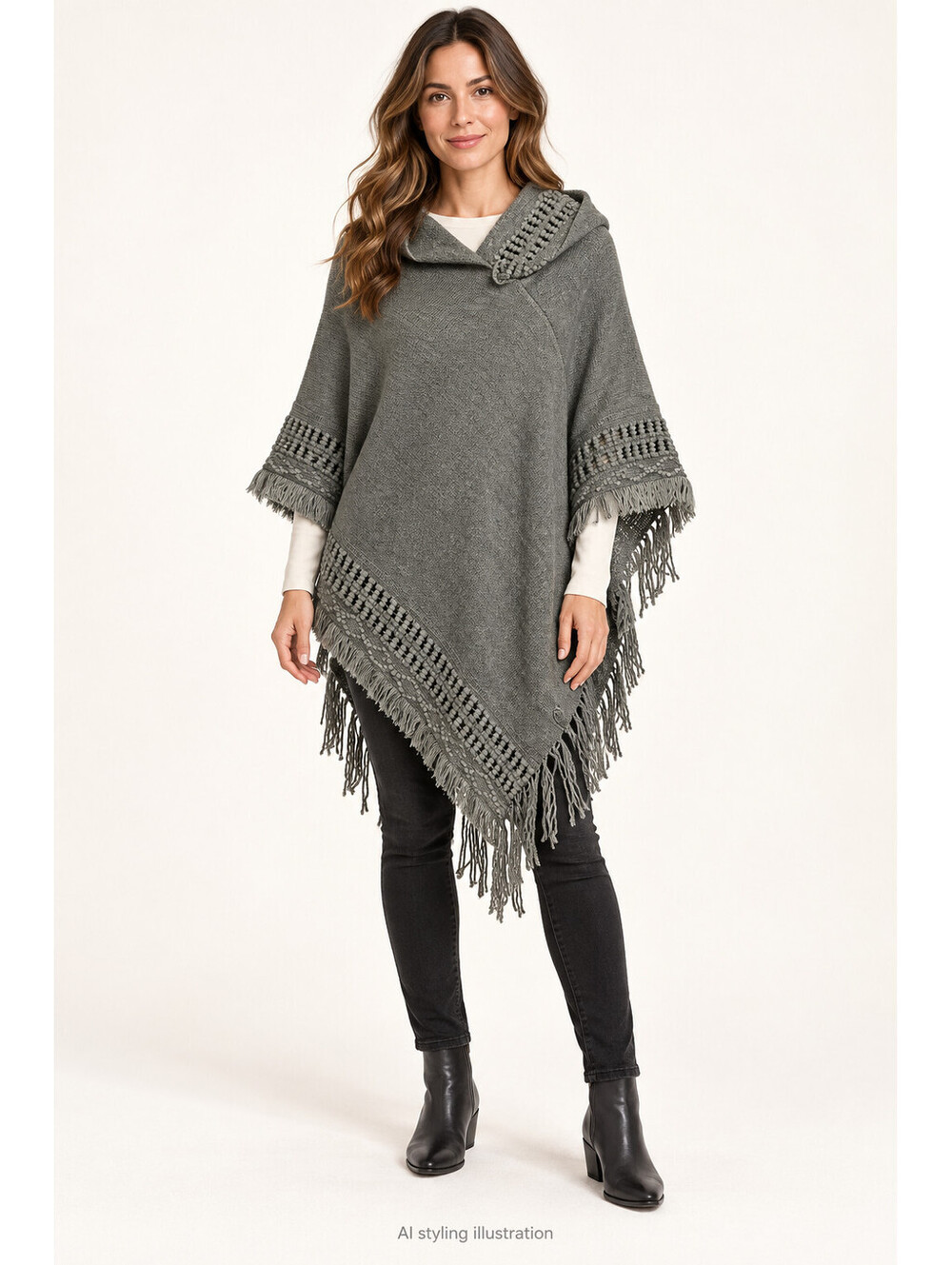 Love Crazy Womens Gray Hooded Knit Poncho Cape Fringe Boho One Size Cotton Blend